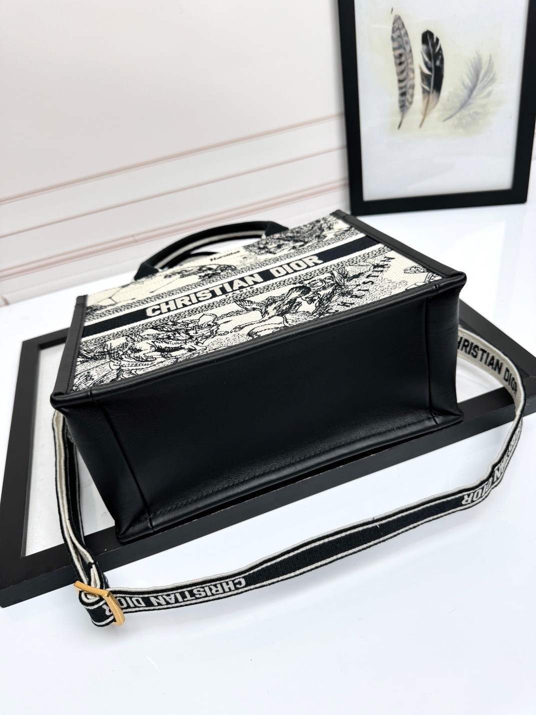 Small Dior Book Tote Bag Latte and Black Dior Zodiac Embroidery with Black Calfskin